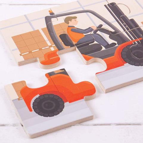 BIGJIGS Toys Set 3 puzzle din lemn - Vehicule pentru constructii
