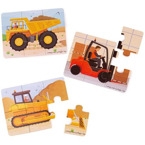 BIGJIGS Toys Set 3 puzzle din lemn - Vehicule pentru constructii